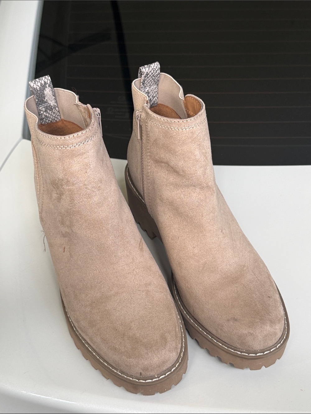 Universal Thread Taupe Suede Chelsea Ankle Boots with Snake-Print Pull Tab